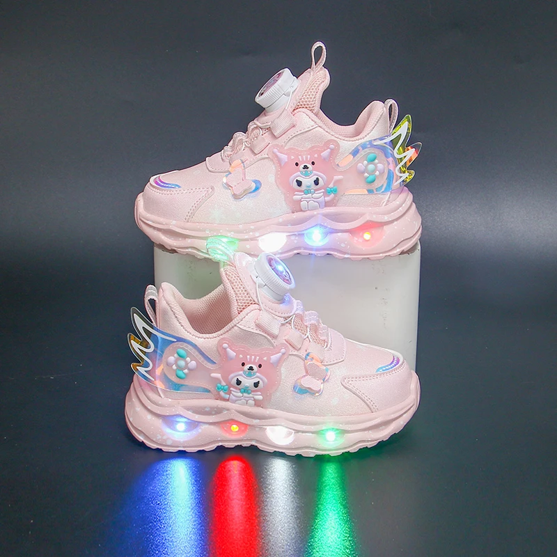 带灯库洛米女童运动鞋2024秋季旋转扣儿童皮面单鞋中小软底跑步鞋