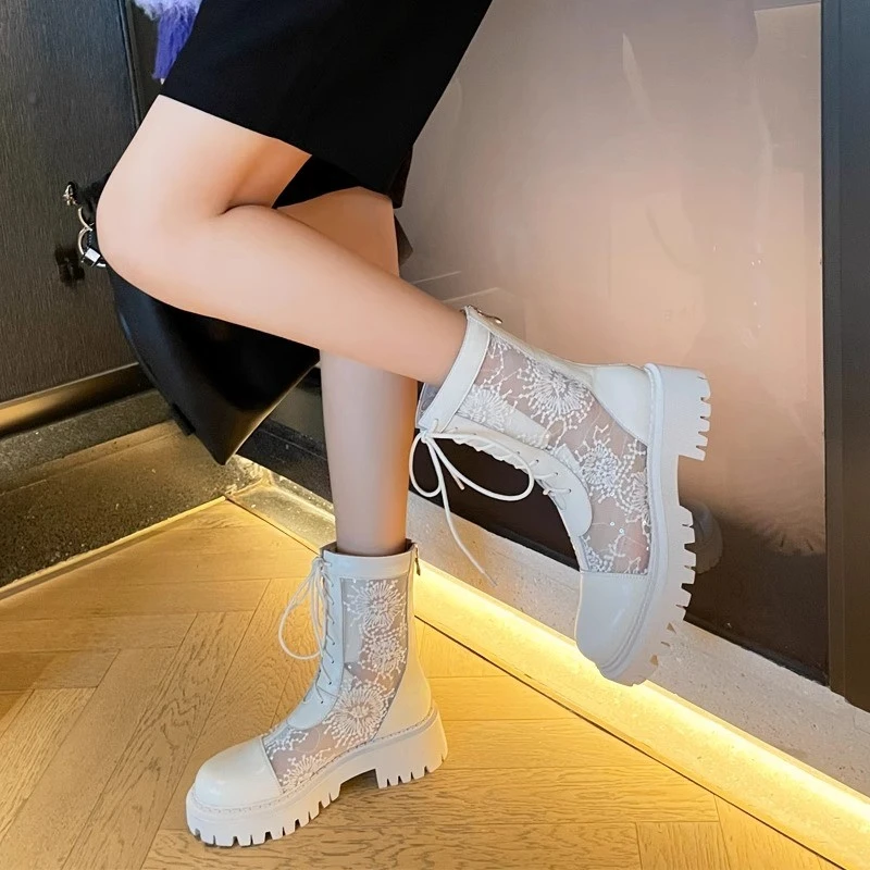 短靴女2024夏季新款百搭透气网面厚底时尚短筒网靴女薄款英伦风