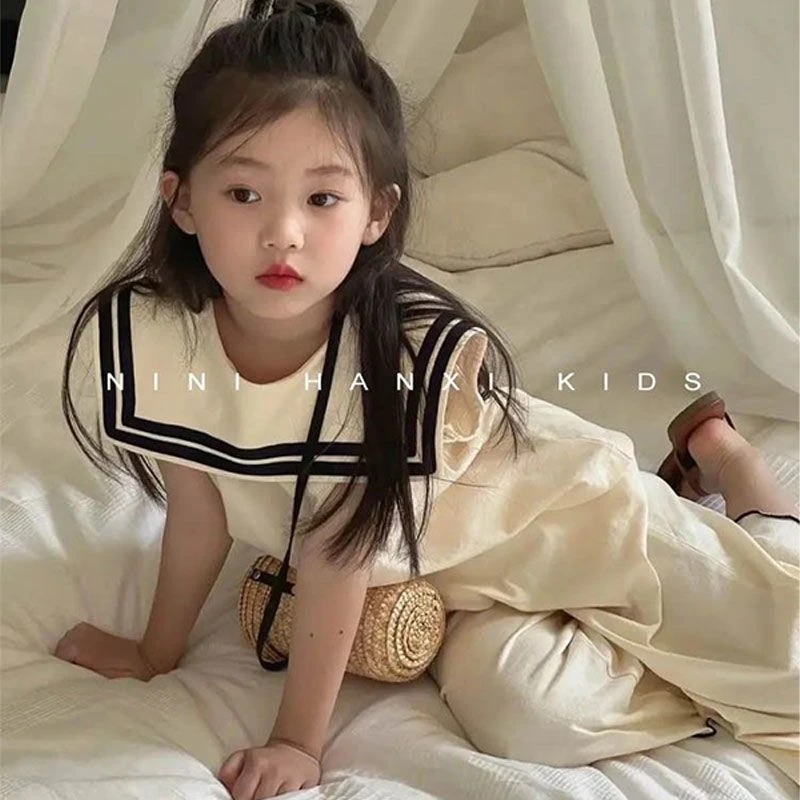 女童休闲套装夏季韩版儿童洋气海军领无袖上衣中大童阔腿裤两件套