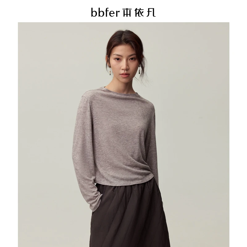 本依凡冬季女士简约纯色T恤SSSTX0046圆领长袖上衣高级柔软面料