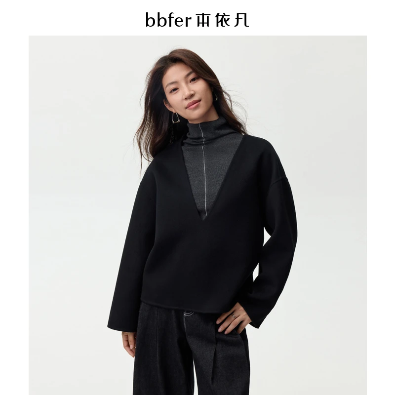 本依凡冬季高品女装短双面呢外套SSSSM0246深V领宽松套头外搭简约