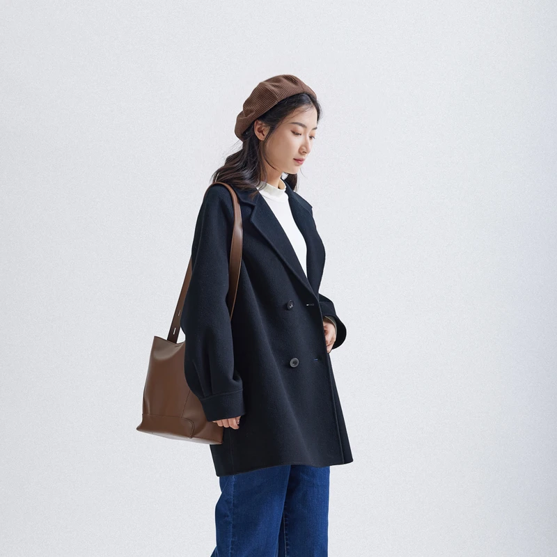 BBFER/本依凡23年冬季女装TSSSM0172双排扣大翻领中长款毛呢外套