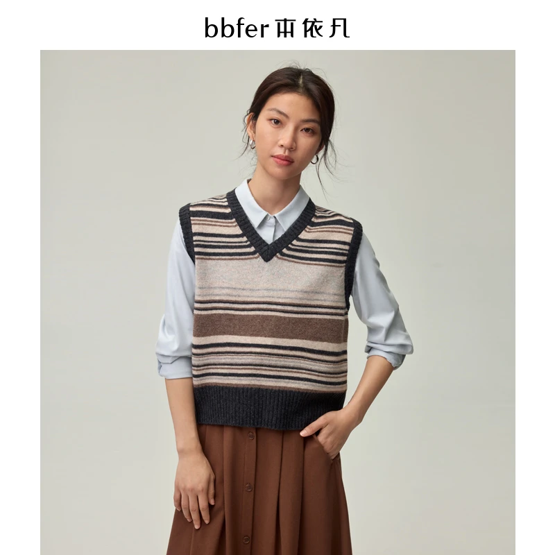 本依凡冬季女装条纹套头衫SSSZZ0014针织马甲V领无袖复古通勤外搭
