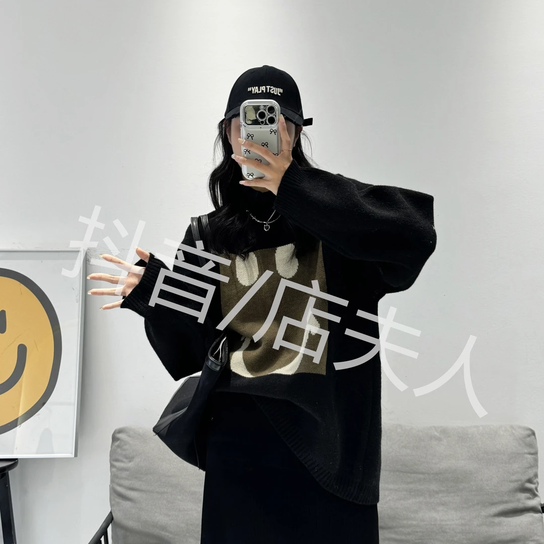 【店夫人定制】2023冬季新品 样040卡通黑色笑脸时尚百搭慵懒风上衣