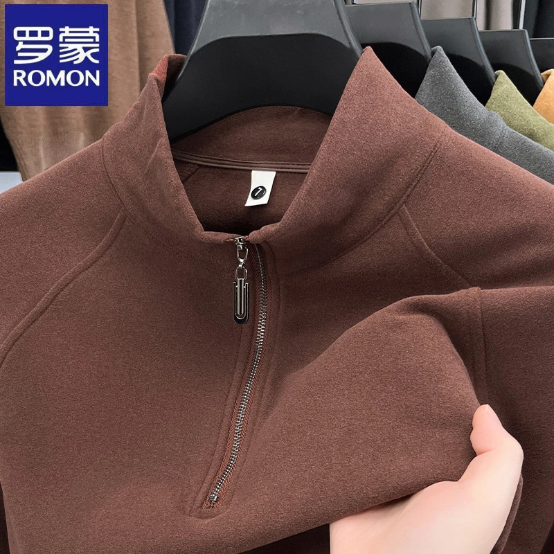 罗蒙纯色百搭半拉链立领德绒卫衣秋冬季时尚休闲柔软舒适打底上衣