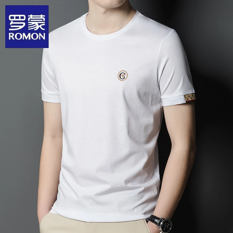 罗蒙冰丝光棉短袖t恤男士刺绣圆领上衣2025夏季半袖宽松男装汗衫