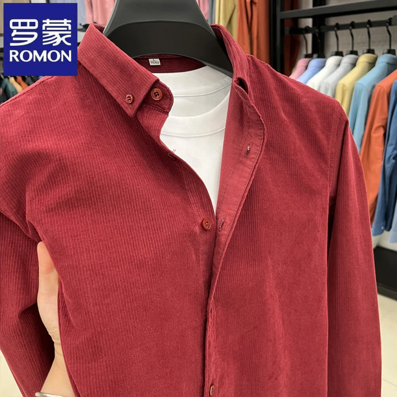 【100%纯棉】罗蒙时尚灯芯绒纯色衬衫春秋季休闲百搭中青年潮流衬衣