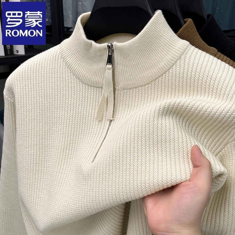 【含羊毛】罗蒙时尚韩版半拉链高领针织衫秋冬季纯色休闲加厚毛衣男