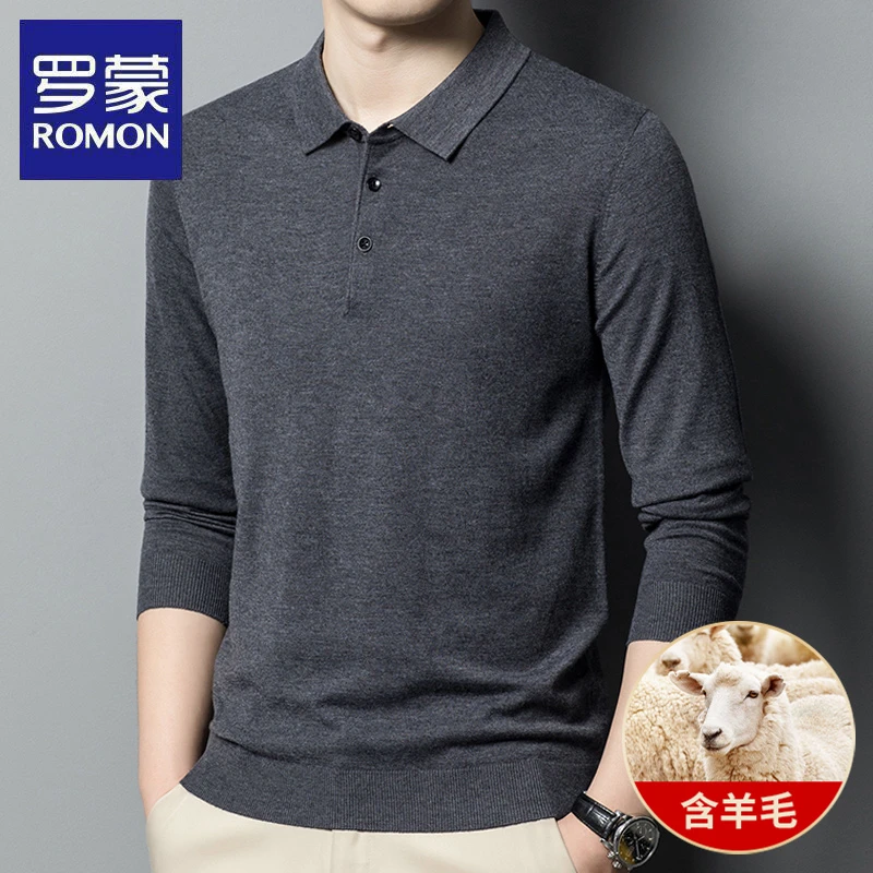 罗蒙春秋季新款长袖翻领男士休闲中青年商务针织POLO羊毛打底衫潮