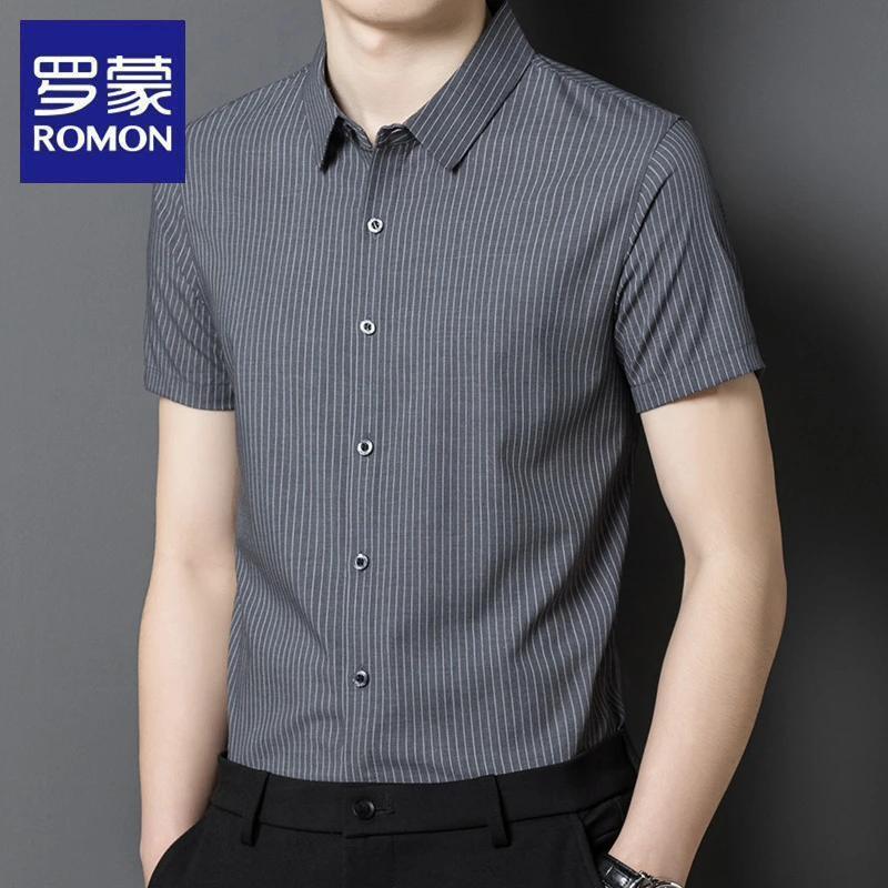 罗蒙高端短袖衬衫男士条纹夏季商务休闲冰丝无痕免烫弹力修身衬衣