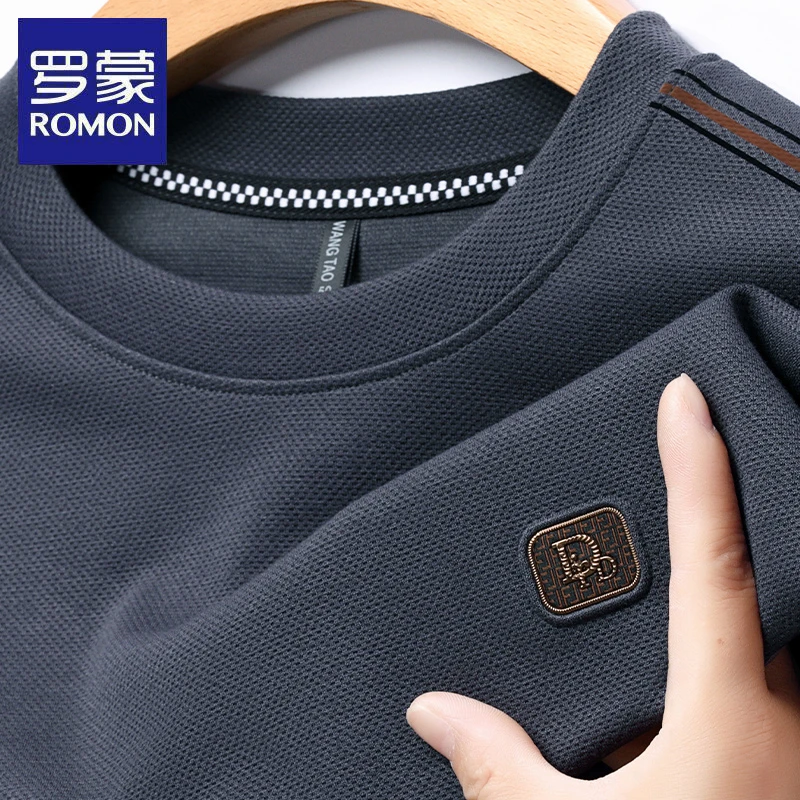 罗蒙春秋季男士圆领体恤长袖时尚休闲打底衫宽松百搭中青年T恤潮