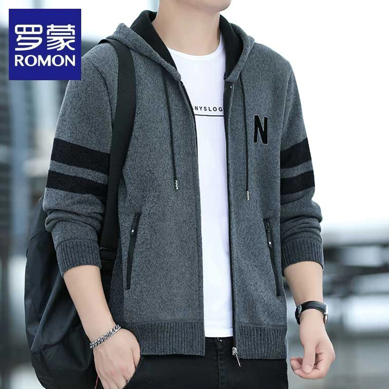 罗蒙秋冬季新款男士中青年针织衫百搭休闲开衫长袖连帽时尚外套潮