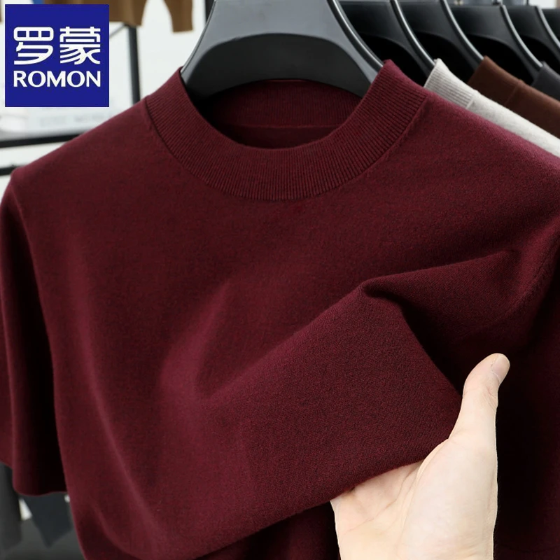 【多色可选】罗蒙纯色精仿圆领短袖毛衣男秋冬季新款时尚男士针织衫