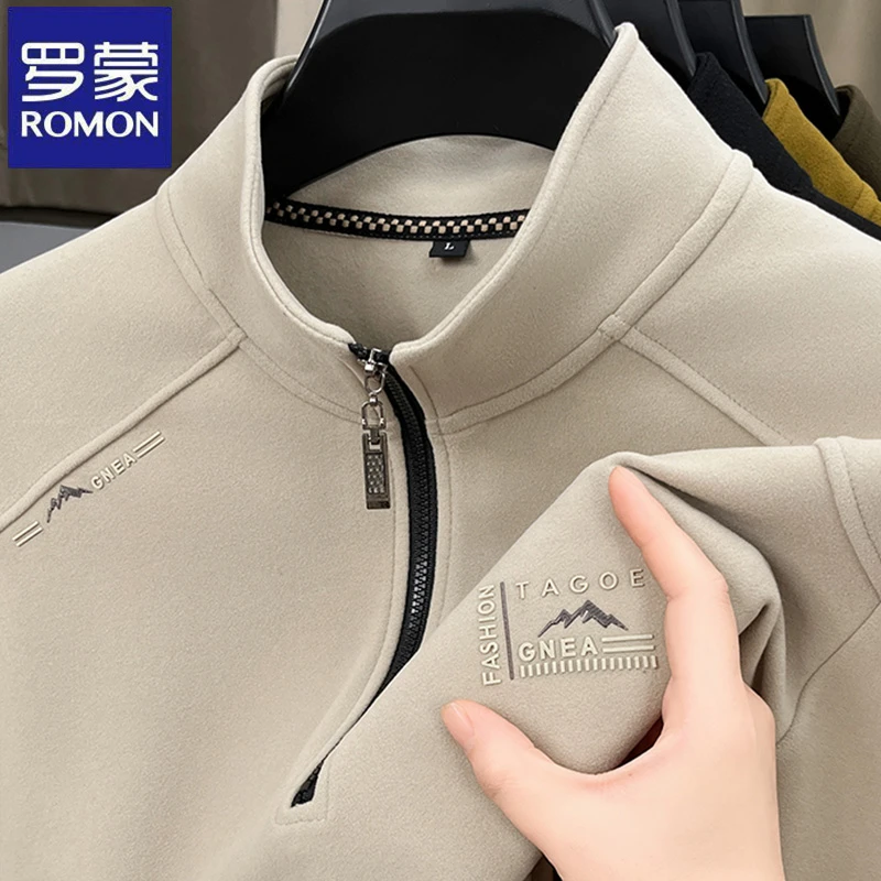 罗蒙时尚半拉链立领卫衣秋冬季纯色百搭休闲中青年长袖男士打底衫