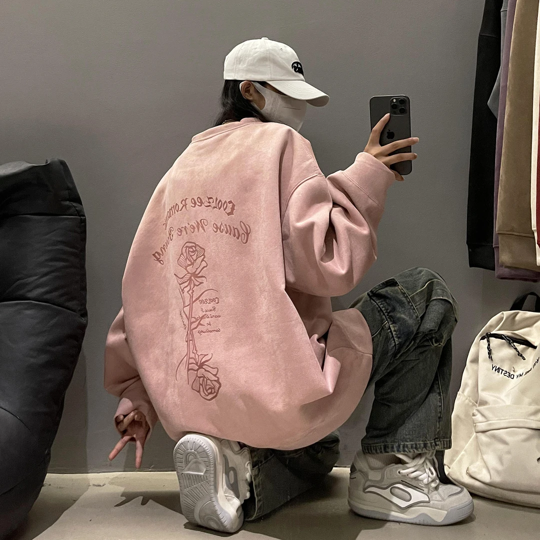 秋季玫瑰花烧花圆领卫衣男女美式复古宽松休闲学生ins百搭外套