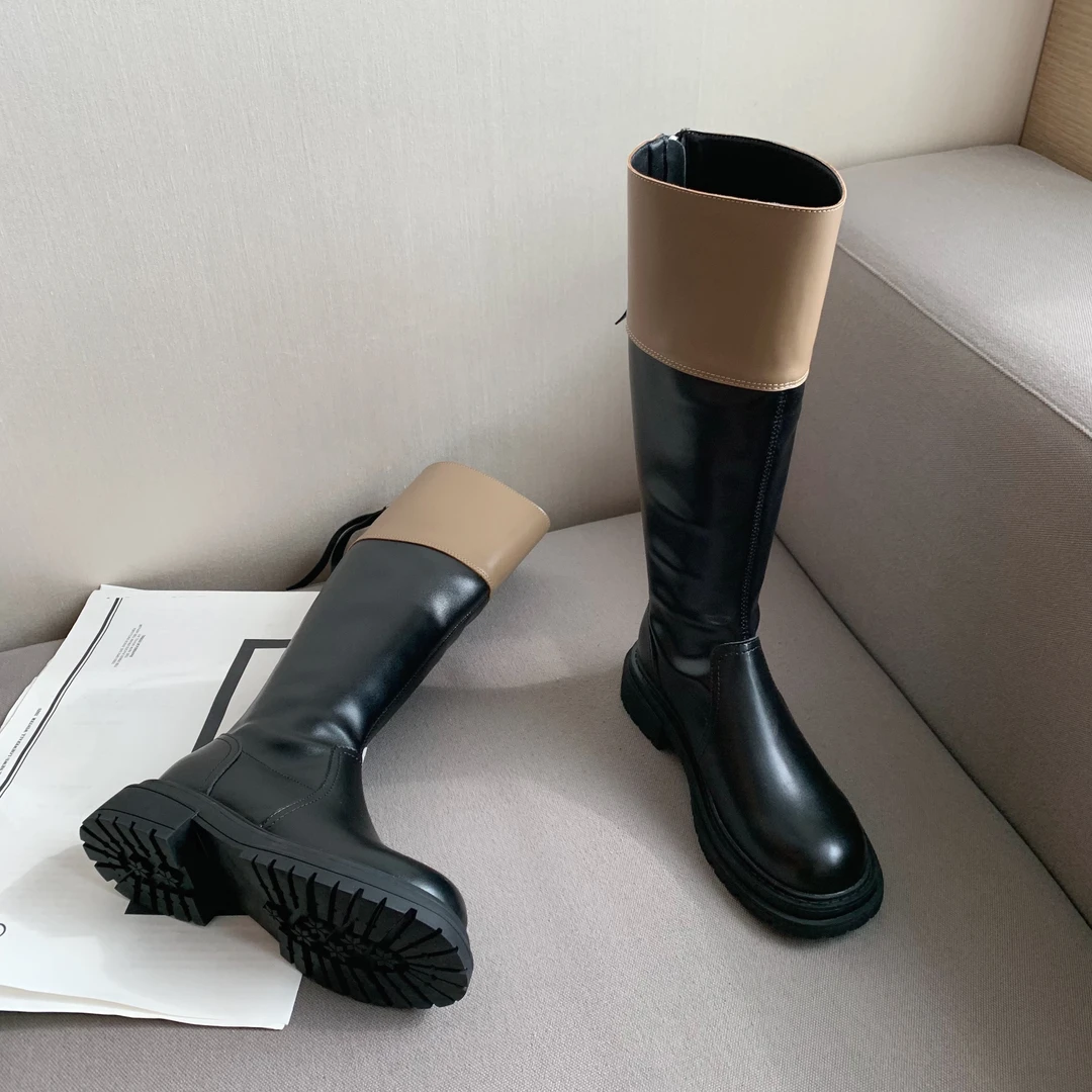 【玮玮专属】拼色圆头长筒靴女2024秋冬新款厚底时尚潮流百搭骑士靴