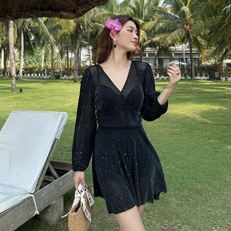 连体钢托聚拢泳衣女款大码长袖裙式带钢圈裙式温泉2025新款胖妹妹