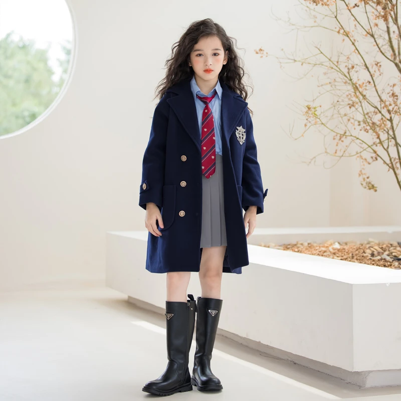 女童毛呢夹棉外套英伦风学院风2024冬装加厚中长款大童棉衣保暖衣