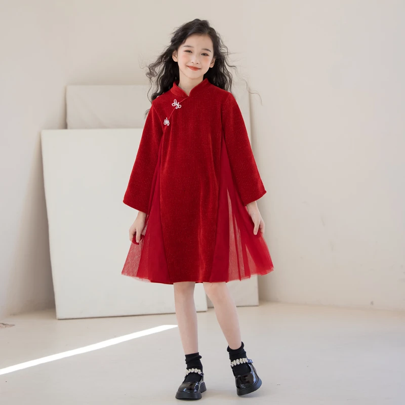 女童秋季连衣裙2024新款公主拜年服女大童红色儿童裙子网纱裙中式
