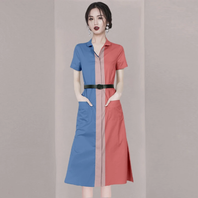 2024夏季新款休闲撞色连衣裙女短袖衬衫裙子中长款A字裙