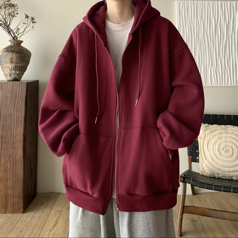 百货推荐酒红色开衫连帽卫衣男秋冬情侣纯色加绒外套宽松百搭拉链