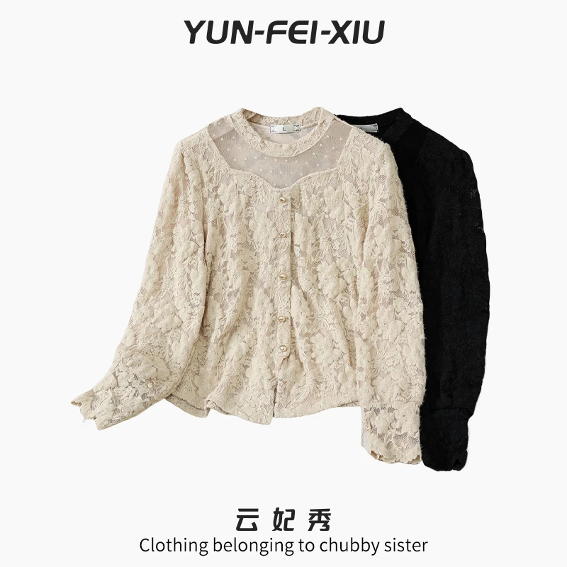 云妃秀大码女装蕾丝衫时尚休闲宽松显瘦镂空露肩百搭上衣秋22063