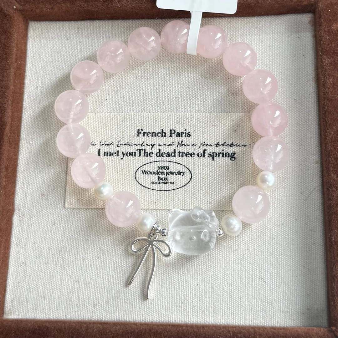 小蕊crystal-45马粉淡水珍珠“kitty脑袋”粉嫩粉水晶蝴蝶结吊坠