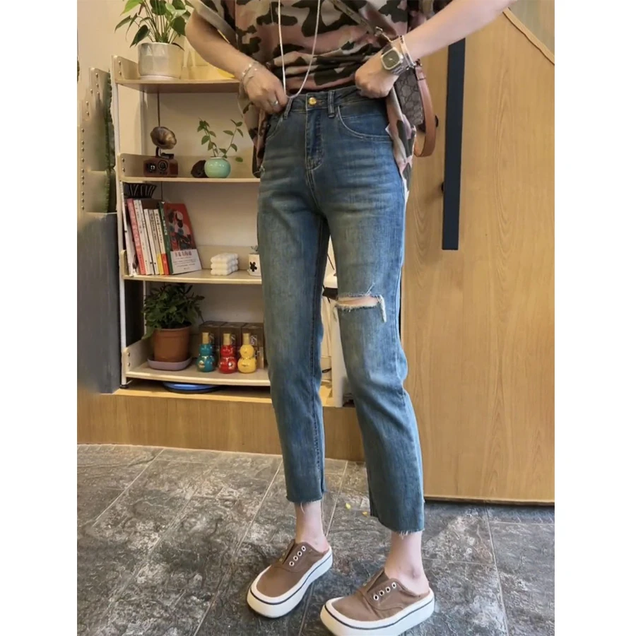 梨形身材微胖女生夏季大码九分直筒破洞烟管牛仔裤子高腰弹力显瘦