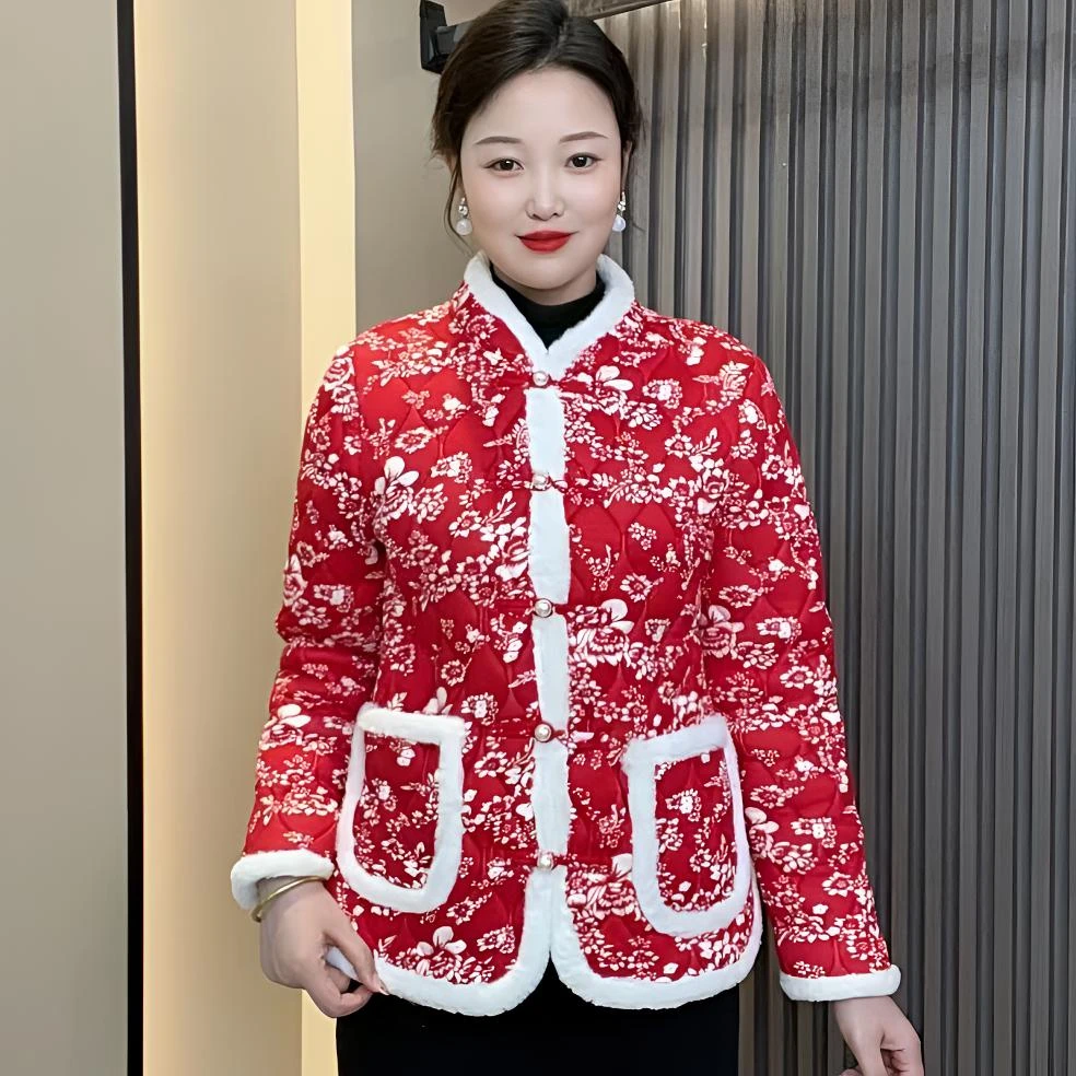 zzk冬装新款新中式百搭小棉袄洋气小花袄网红款加绒加厚棉服冬季