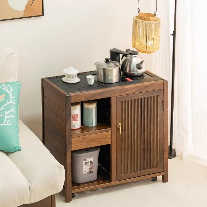 移动实木茶台胡桃木家用茶边柜客厅小型泡茶柜阳台小茶桌储物一体