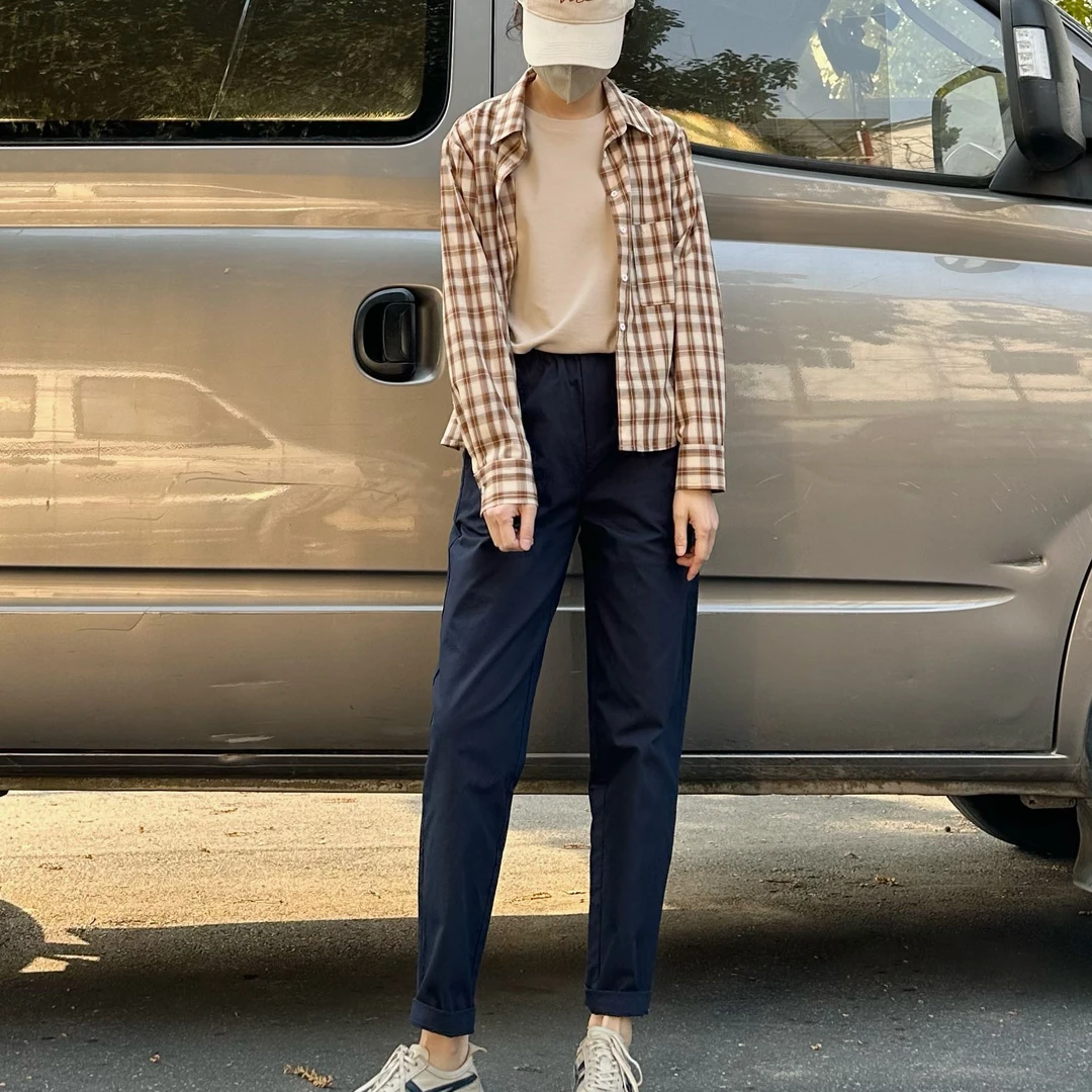 24春夏新款藏青色高腰休闲长裤小脚裤女显瘦舒适休闲裤