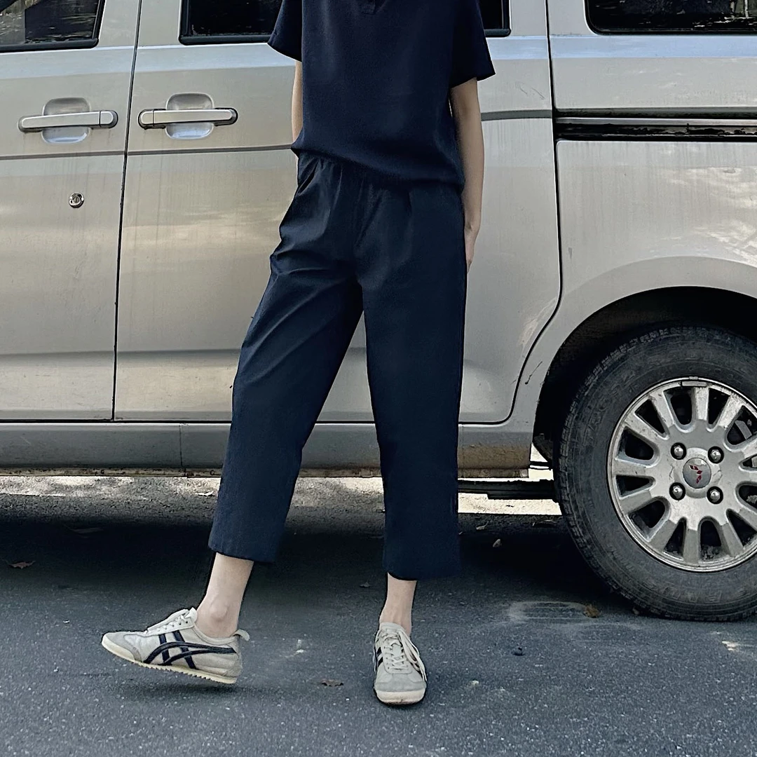 左手日记夏季新款松紧腰高腰九分休闲裤宽松藏青色速干裤显瘦薄