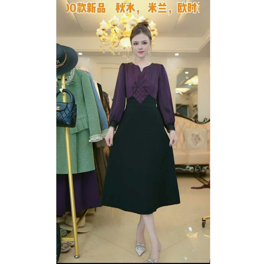 梦想服饰2024秋冬新款时尚气质显瘦中长款打底裙长袖连衣裙女1011