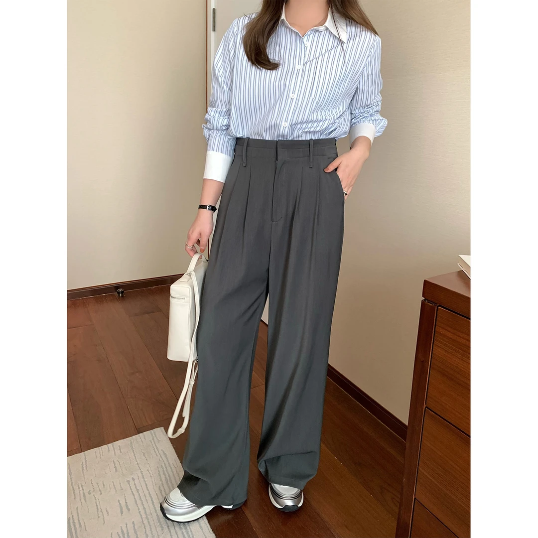 现货4000D大婉酱微胖定制早秋通勤宽松显瘦高腰直筒休闲西裤长裤