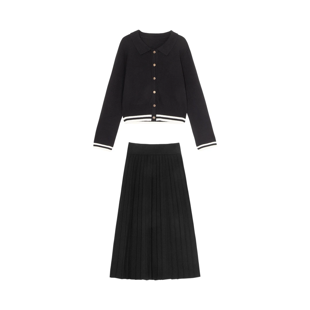 现货4315D大婉酱微胖定制 五金女孩韩系针织开衫高腰黑色半身裙女