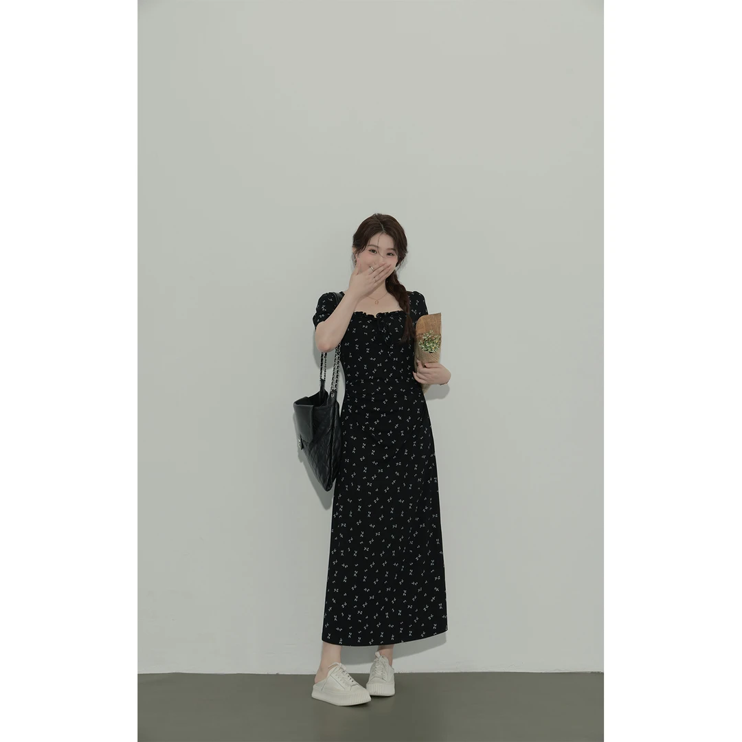 大婉酱微胖定制法式碎花连衣裙新款夏款收腰显瘦方领A字裙6118D