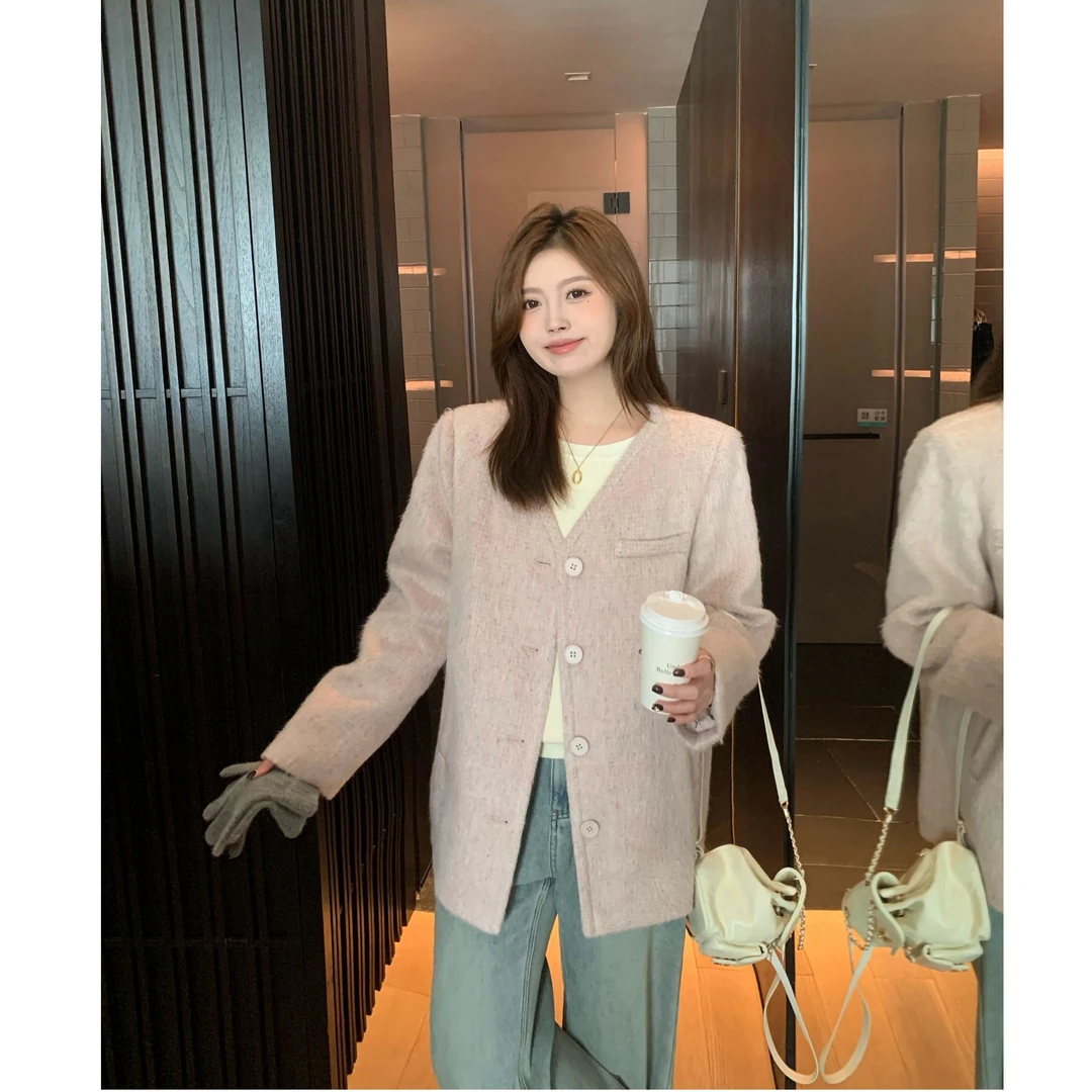 大婉酱微胖定制韩系绵羊毛粉色小香风外套冬季气质百搭上衣 5803D