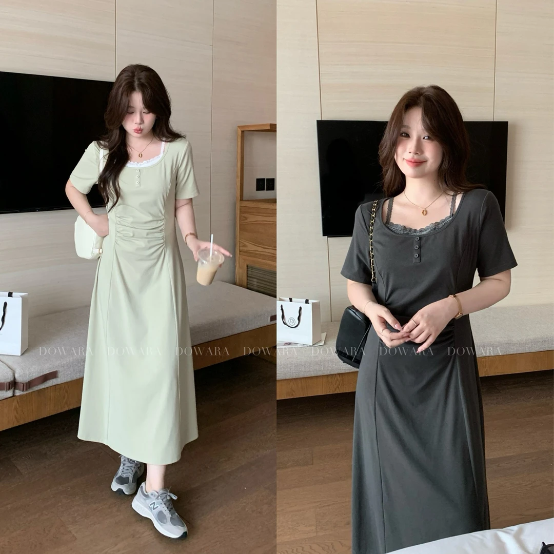 大婉酱微胖定制法式方领蕾丝拼接连衣裙女夏季高腰显瘦a字裙5297D