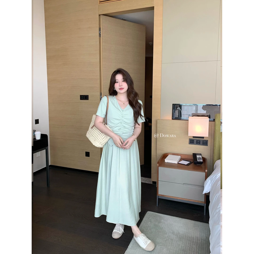 大婉酱微胖定制法式气质温柔风V领假两件连衣裙夏季显瘦裙子4931D