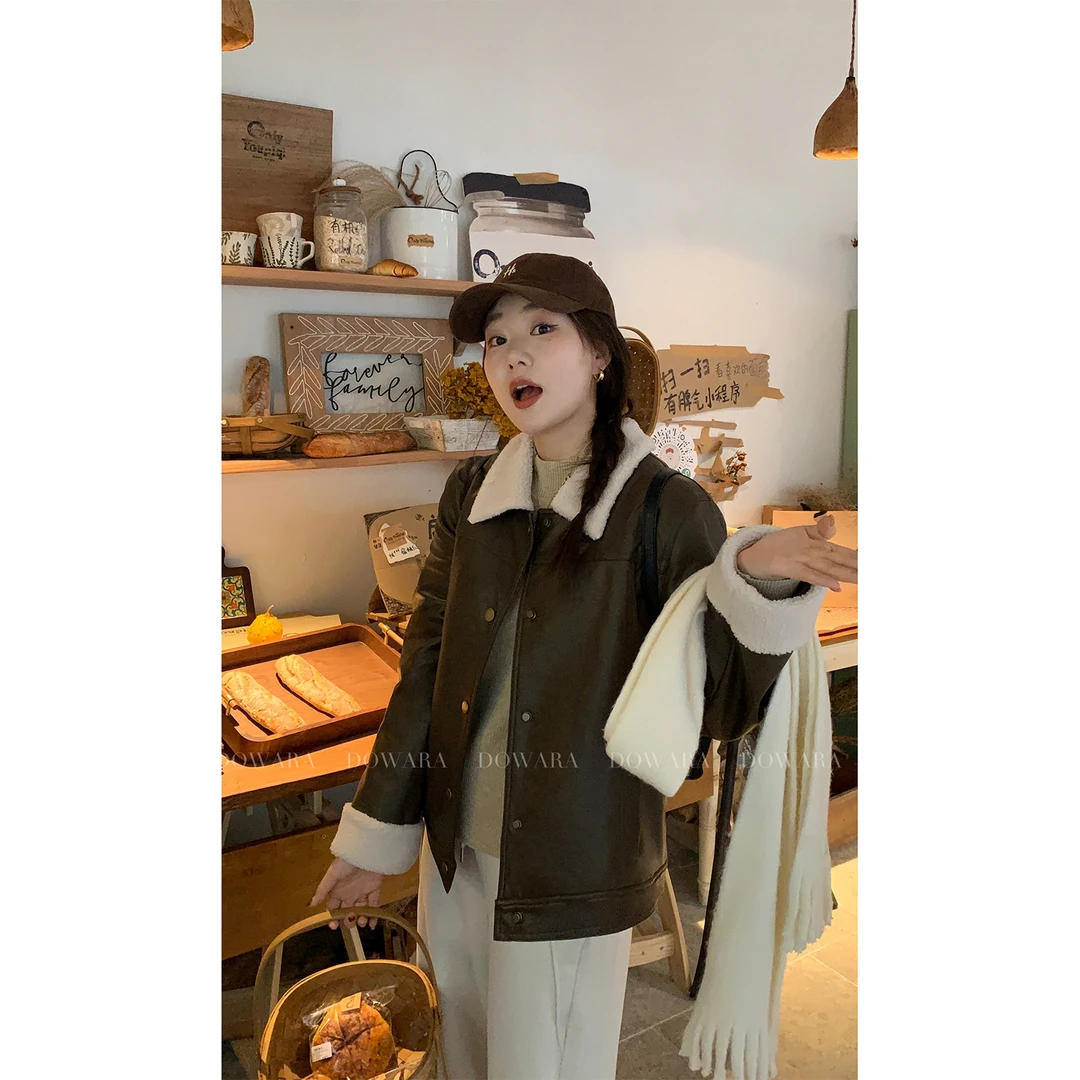 现货大婉酱微胖定制加绒加厚PU皮外套设计立领时髦咖色上衣 5731D