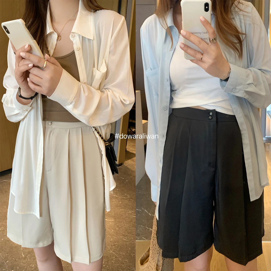 现货3867D大婉酱微胖定制【松弛态度】韩系休闲宽松高腰西装裤短裤