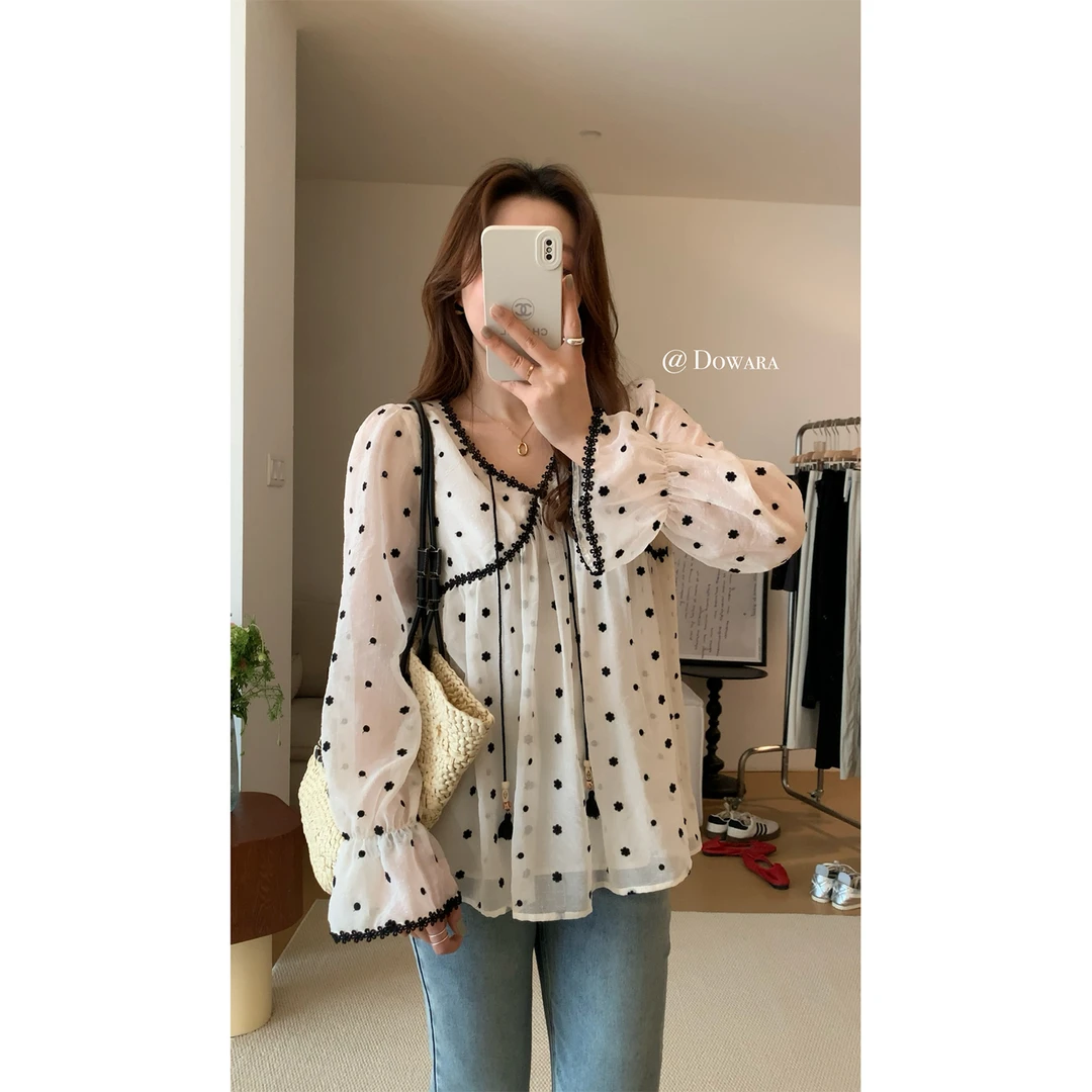 现货6026D大婉酱微胖定制 法式蕾丝波点夏季休闲气质显瘦衬衫