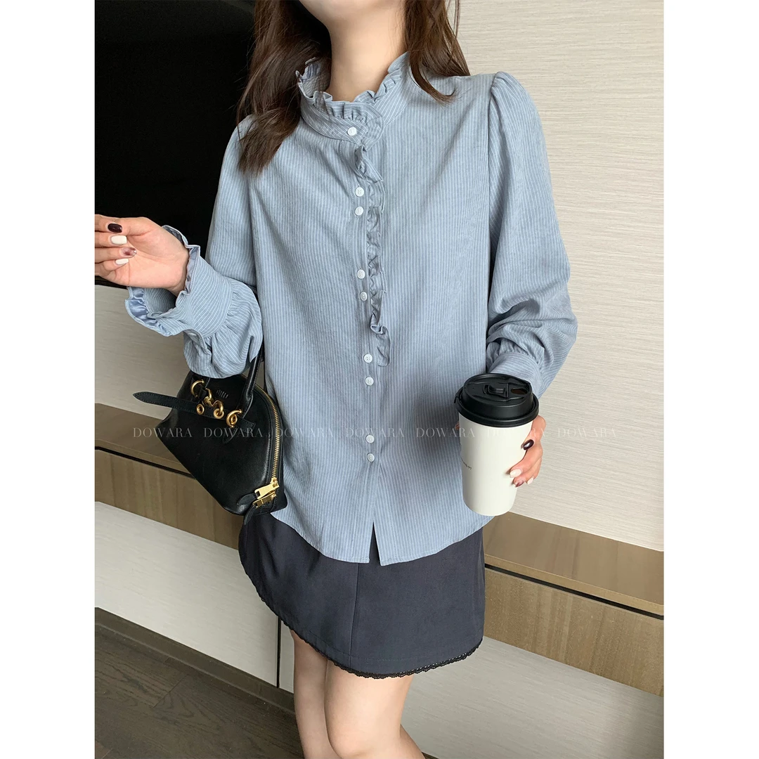 大婉酱微胖定制胖 韩系木耳边设计条纹衬衫秋季显瘦百搭上衣7178D