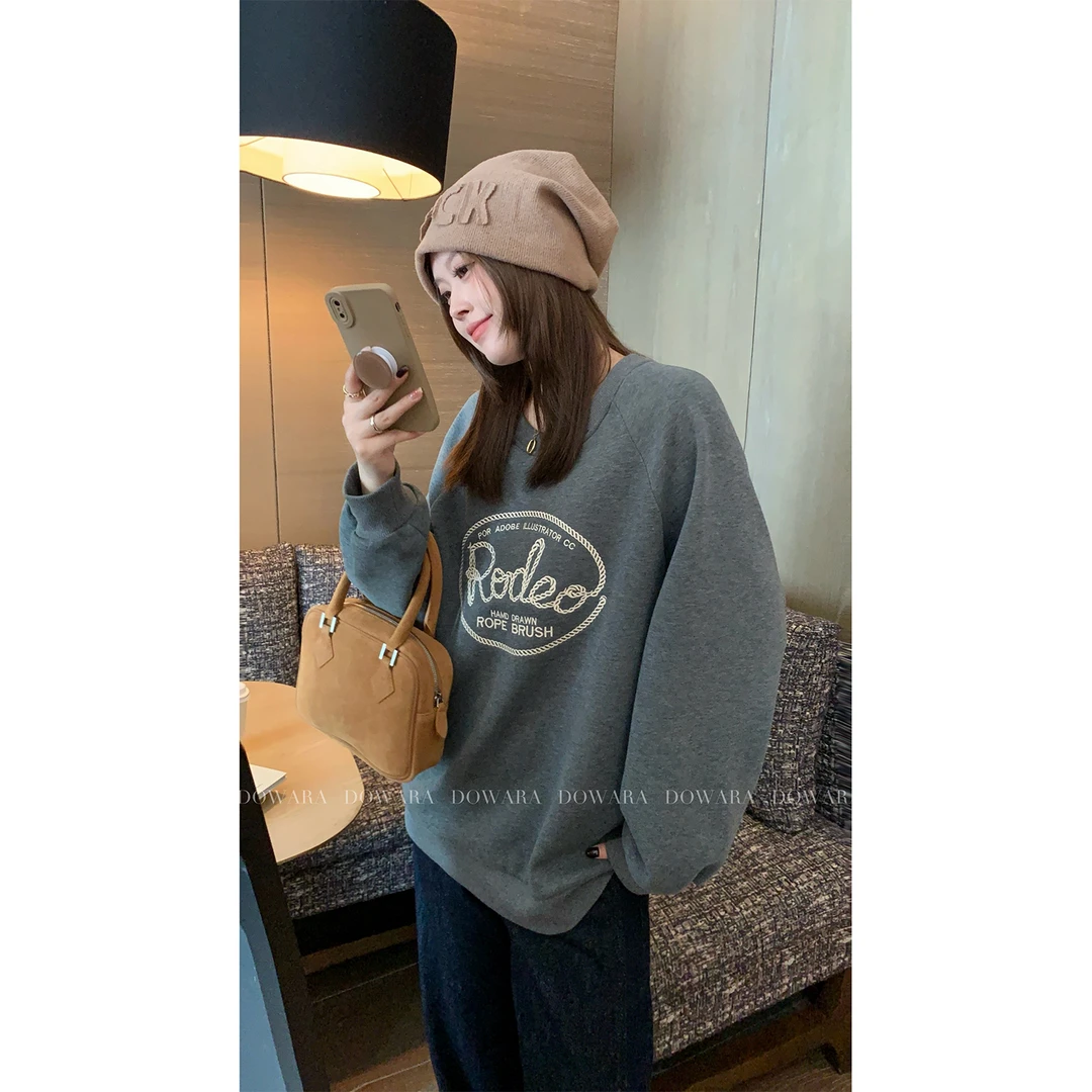 大婉酱微胖定制韩版圆领套头卫衣秋冬夹棉宽松显瘦休闲上衣 7139D