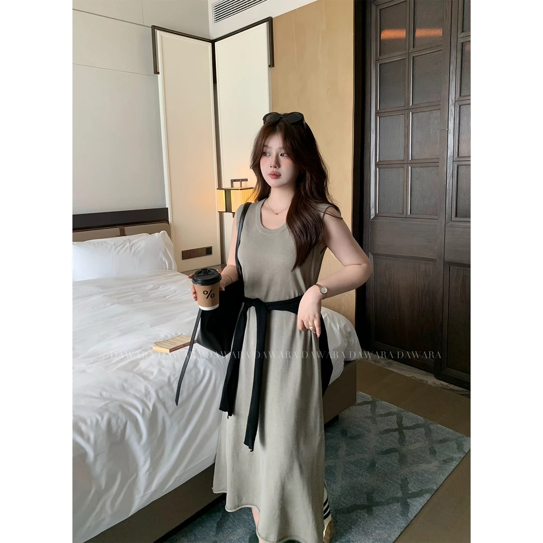 大婉酱微胖定制韩系U领百搭背心连衣裙女秋季纯色慵懒风裙子5471D