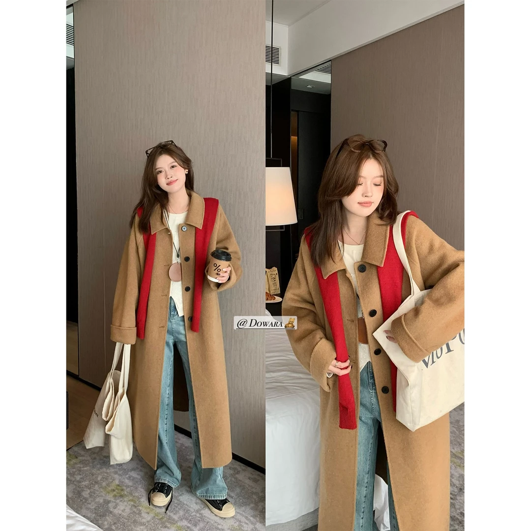 大婉酱微胖定制双面呢绵羊毛大衣秋冬新款翻领百搭毛呢外套 5675D