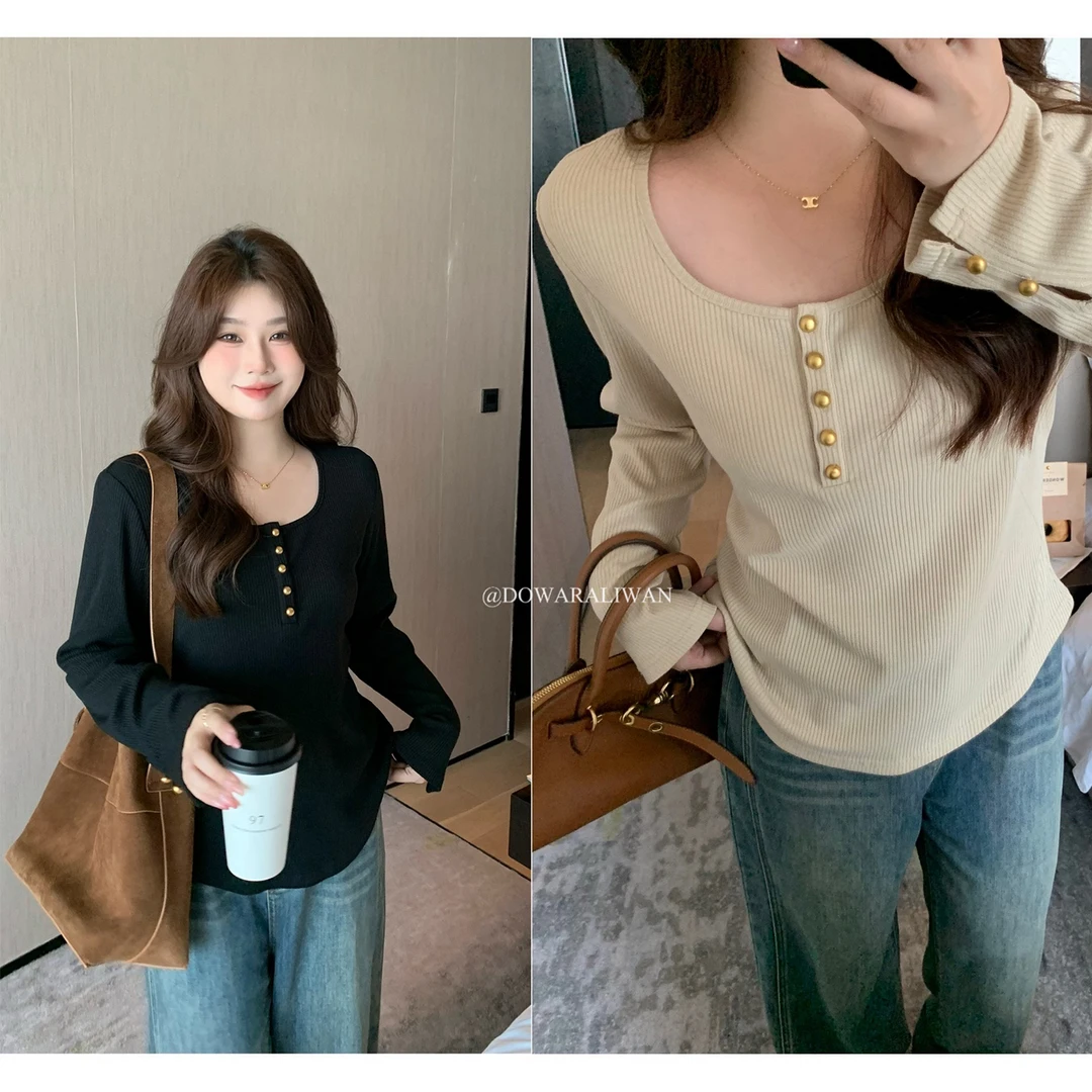 大婉酱微胖定制 圆领纽扣装饰减龄秋季新款休闲显瘦长袖上衣5450D