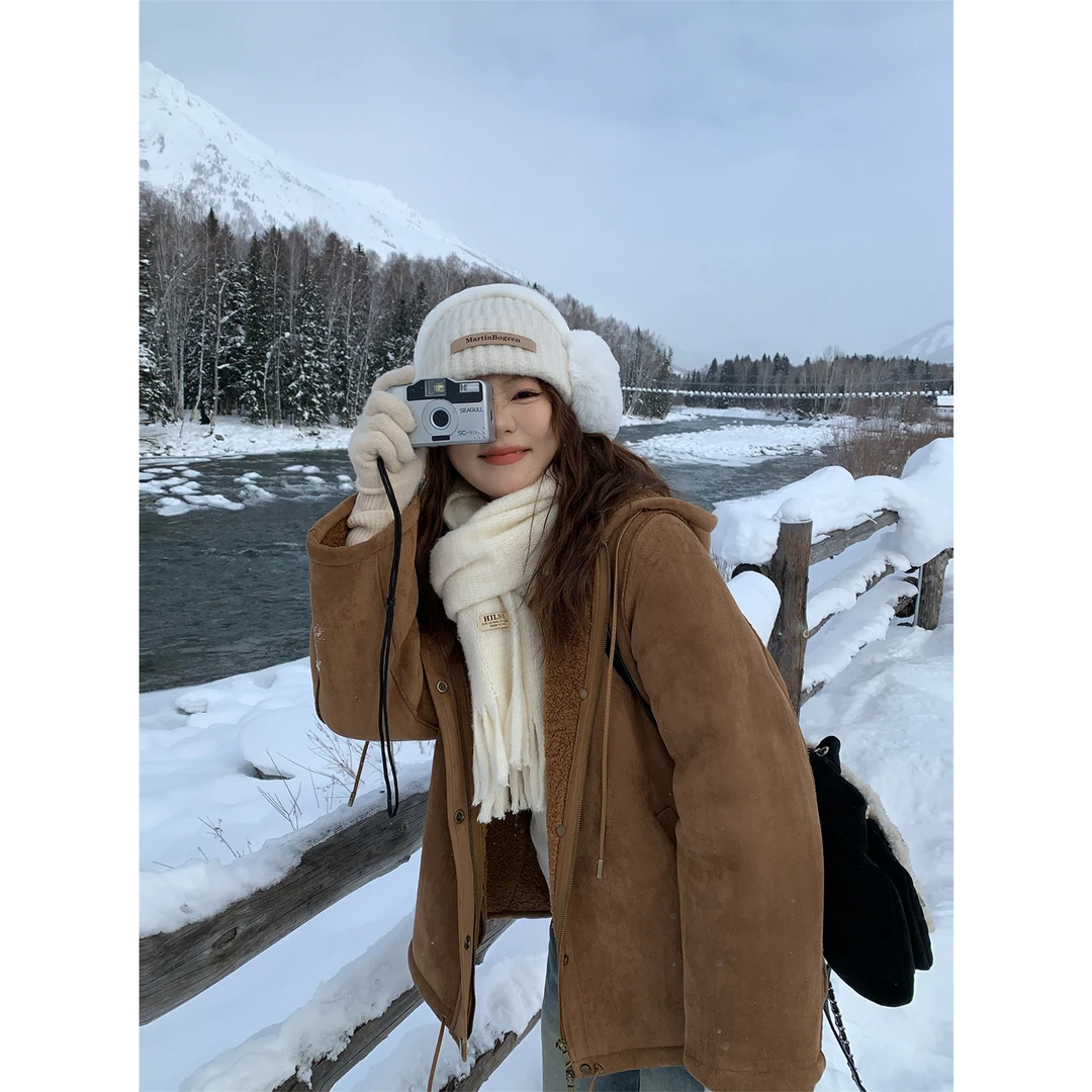 现货大婉酱微胖定制高级感毛毛一体带帽外套女时尚加厚上衣 5893D