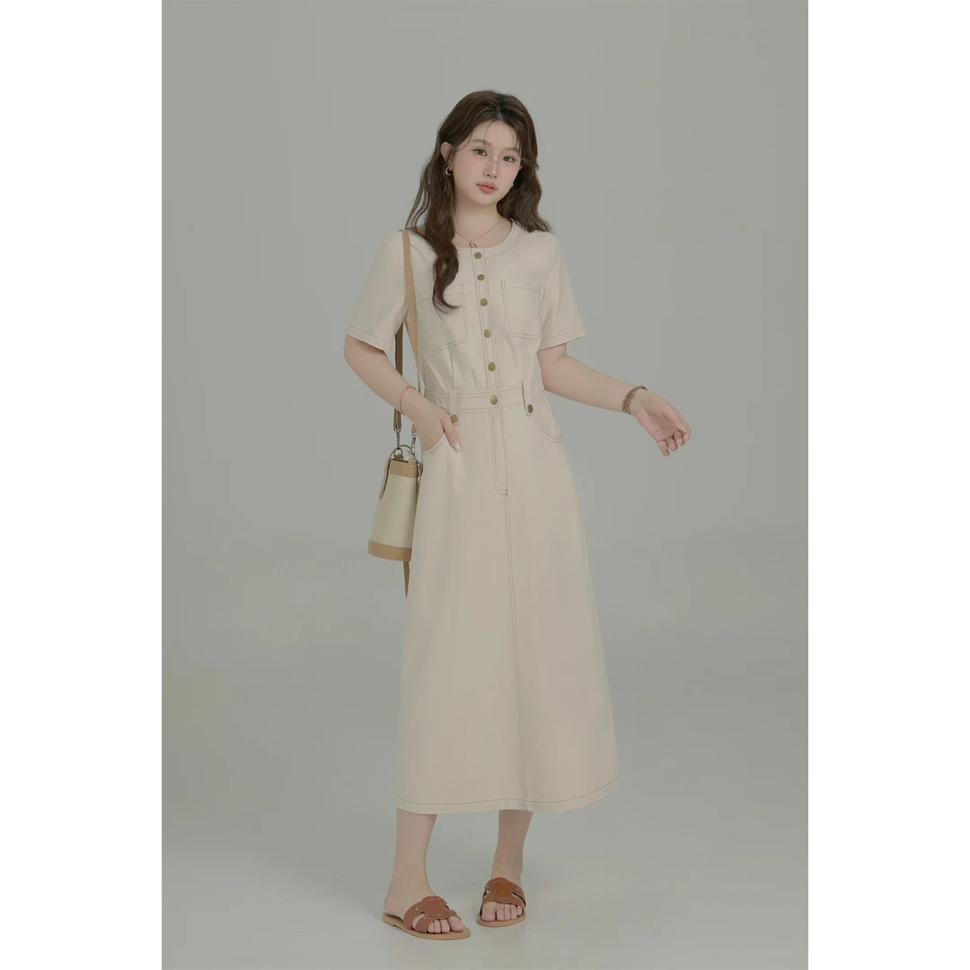 大婉酱微胖定制 韩系复古牛仔连衣裙夏季气质减龄莫尔代长裙6199D