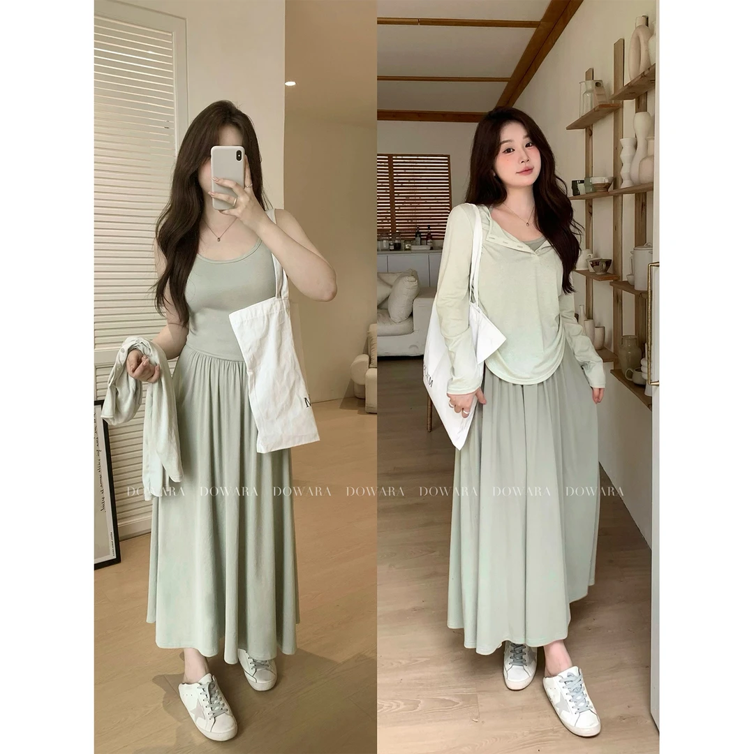 现货6048D大婉酱微胖定制【女神套装】挂脖无袖连衣裙+显瘦轻薄罩衫